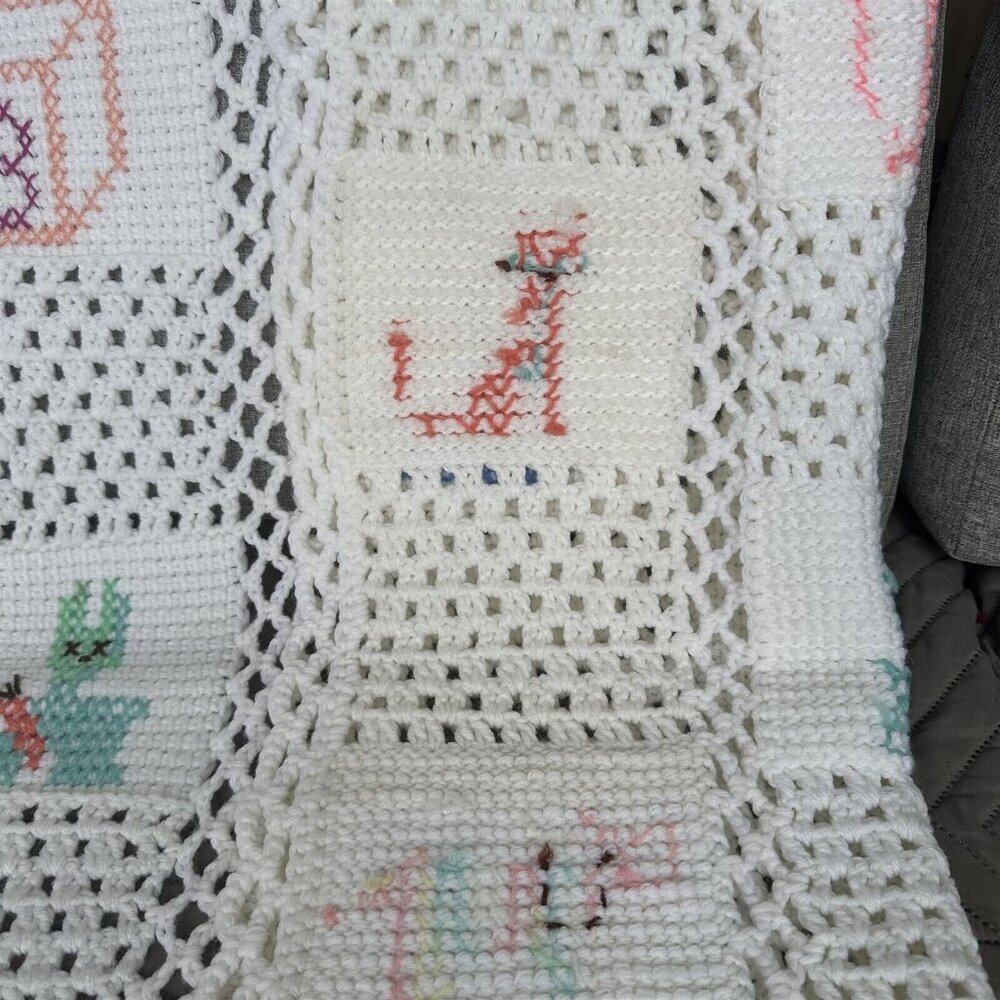 Handmade Crochet Baby Afghan Patchwork Granny Square Cross Stitch Detail - Picture 4 of 7